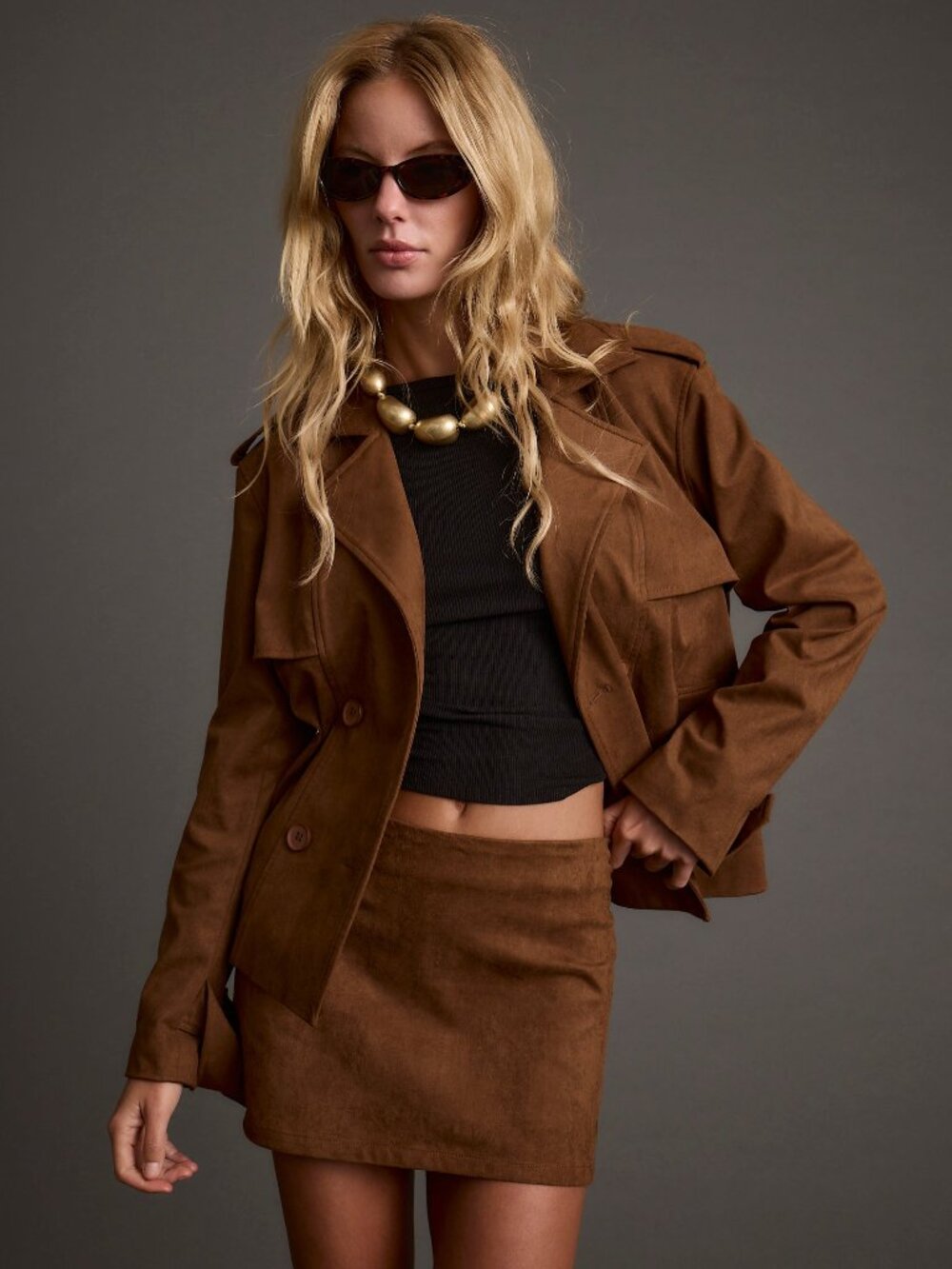 12th Tribe Kinsey Cognac Vegan Suede Cropped Trench Size XLXL